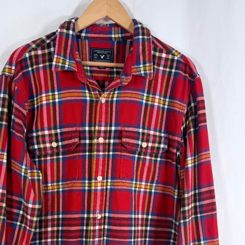 American Eagle Flannel Shirt Red Plaid Long Sleeve Button Down XL